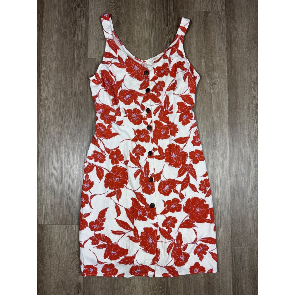 Linen Blend Red White Floral Button Front Sleeveless Summer Dress Monteau XL